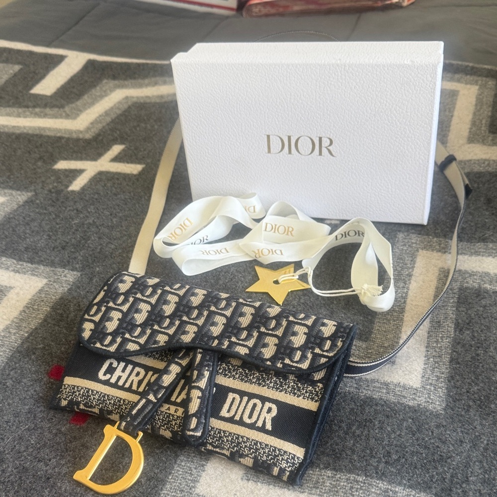 Dior Navy and Beige Monogram Cross body, or belt bag with Gold Charm